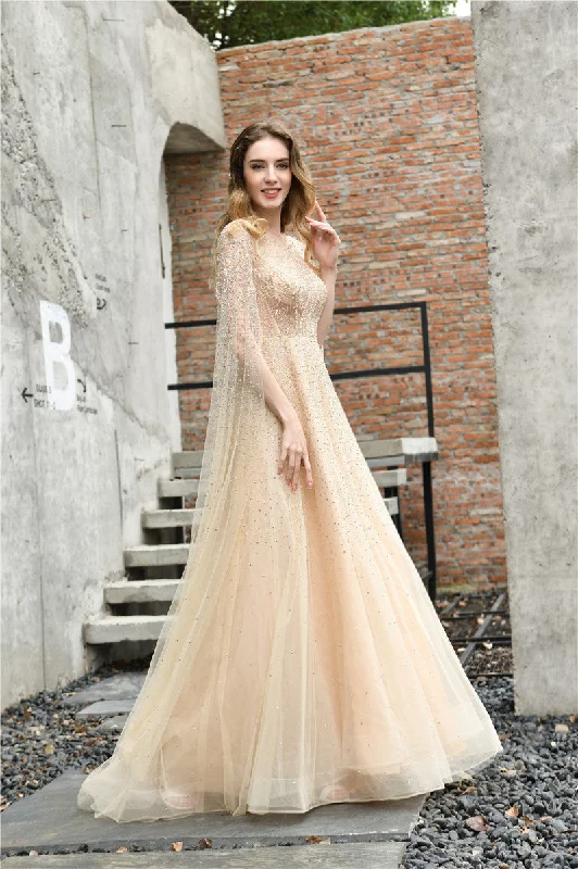 Low Prices Princess Long Sleeves Beaded Champagne Wedding Dress