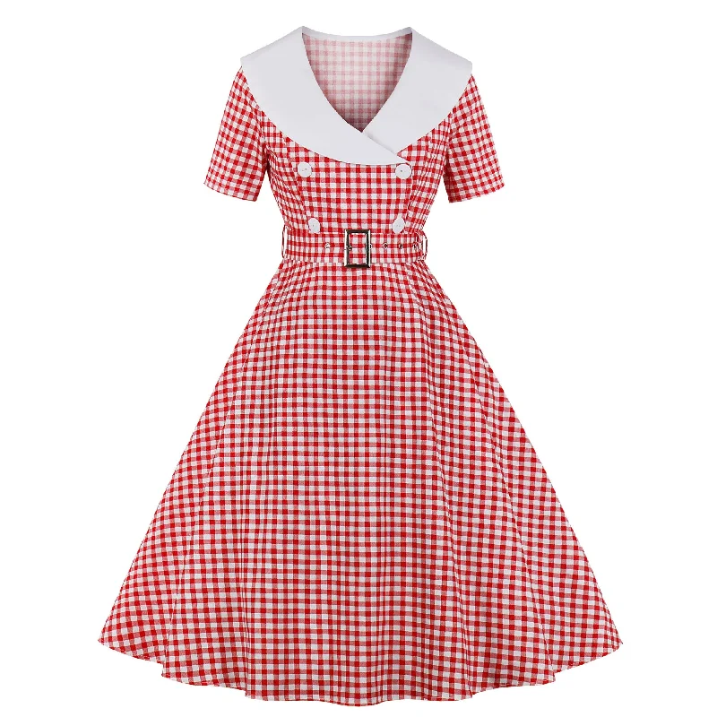 Deal Dash Red Plaid V-Neck 1950s Dress With Short Sleeves