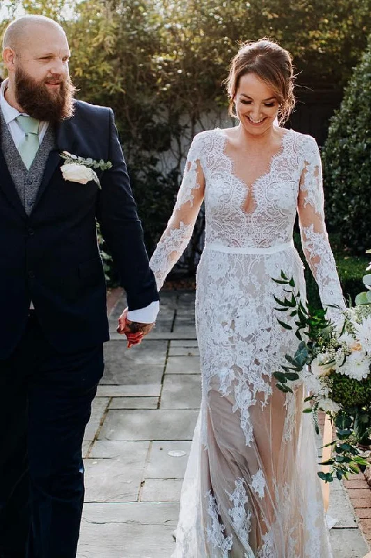 Hurry In Long Sleeves V-Neck White Wedding Dress with Lace