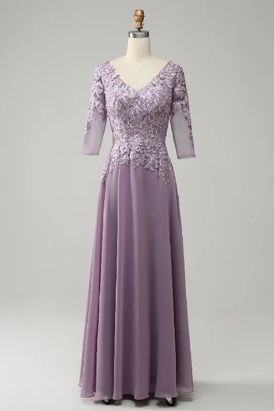 Final Sale Lavender V Neck 3/4 Sleeves Appliques Chiffon Long Mother of the Bride Dress