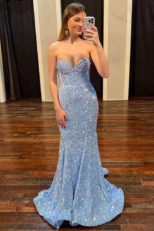 Limited Quantity Sweetheart Mermaid Light Blue Sequin Long Prom Dress