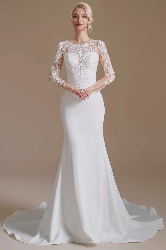 Price Fest Lace Crew Neck White Mermaid Wedding Dress with Long Sleeves