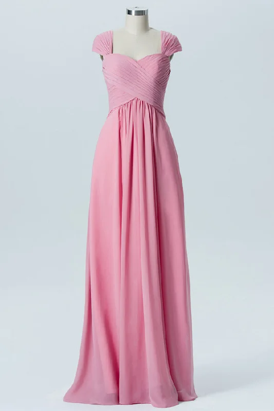 Midnight Madness Chiffon Long Candy Pink Bridesmaid Dress with Cap Sleeves