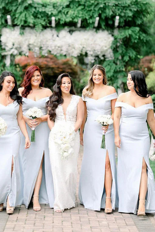 Online Only Off the Shoulder Mermaid Light Blue Bridesmaid Dress with Split