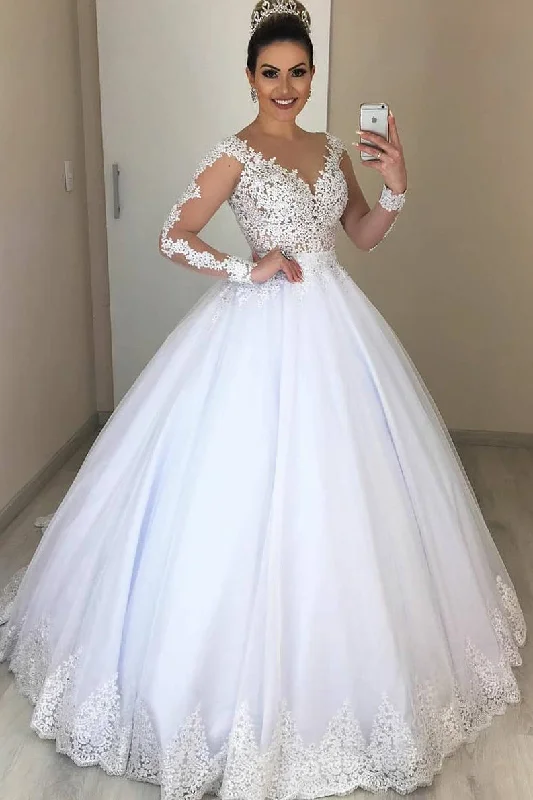 Midnight Madness Princess Long Sleeves A-line V-Neck White Wedding Dress with Lace