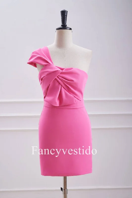 Super Deal Fitted One Shoulder Twist Hot Pink Knot Mini Dress