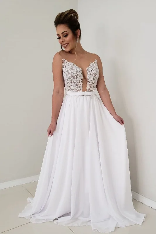 Exclusive Preview Long A-line Plunging Neck White Wedding Dress with Bow