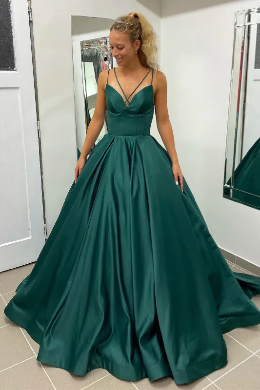 Exclusive Deal Hunter Green Deep V-Neck Straps A-line Long Prom Dress