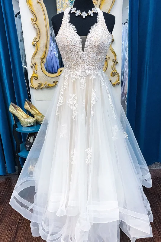 Reduced Prices Long Illusion V-Neck A-line Halter Ivory Wedding Dress with Lace