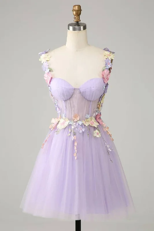 Weekend Deal Straps Lavender Corset 3D Flower A-Line Homecoming Dress