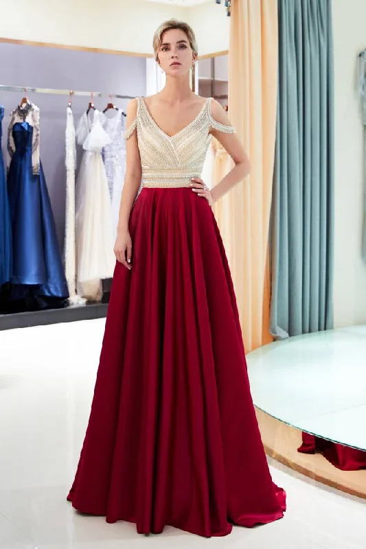 Stock Clearance Cold Shoulder Beading V-Back Long Burgundy Prom Dress