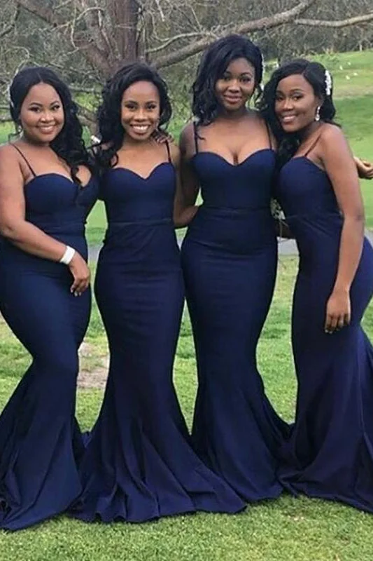 Hurry In Spaghetti Straps Long Navy Blue Mermaid Bridesmaid Dress