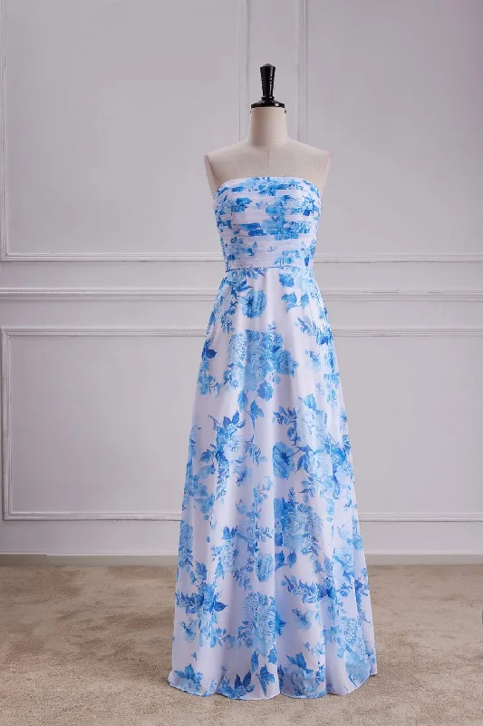 New Deals Strapless Blue Floral Print Pleated Long Prom Dress