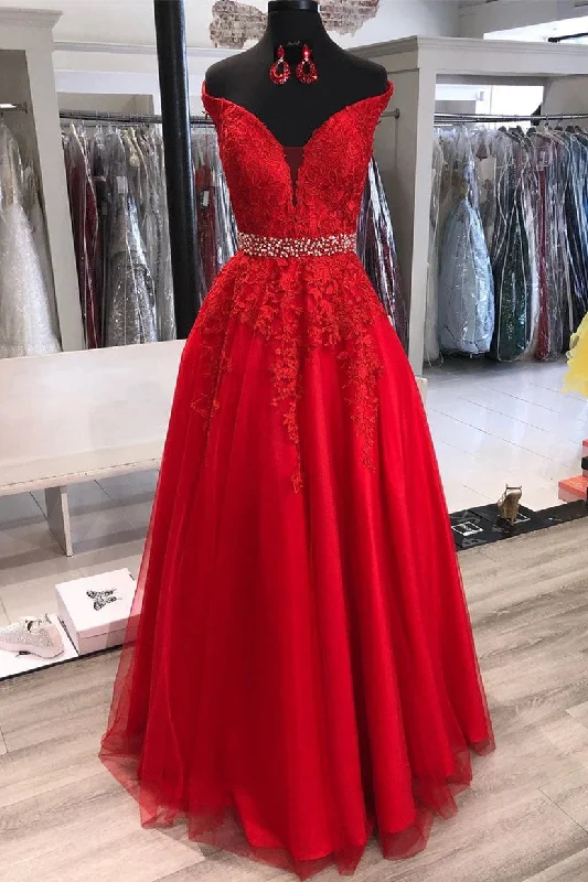 Special Offer Princess Off the Shoulder Lace Appliques Red Long Formal Dress