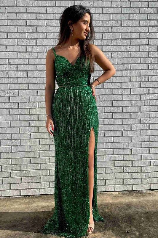Clearance Sale Elegant Green Sequins Two Piece Long Prom Drees with Slit