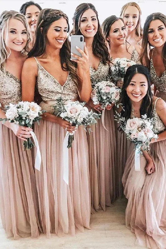 Super Bargain Pink Long Bridesmaid Dress with Silver Sequins Top
