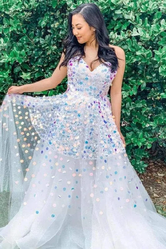 Don’t Miss Out A-Line Strapless White Sequined Long Prom Dress