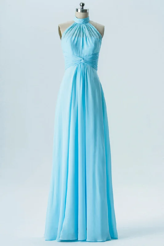Daily Deals Light Blue Halter Ruched Long Bridesmaid Dress