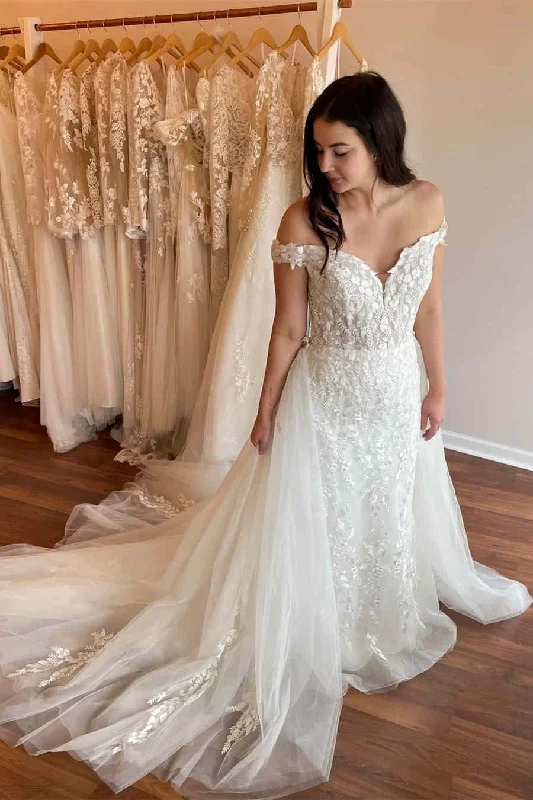 Exclusive Online Offer Off the Shoulder Mermaid Wedding Dress with Detacheable Train
