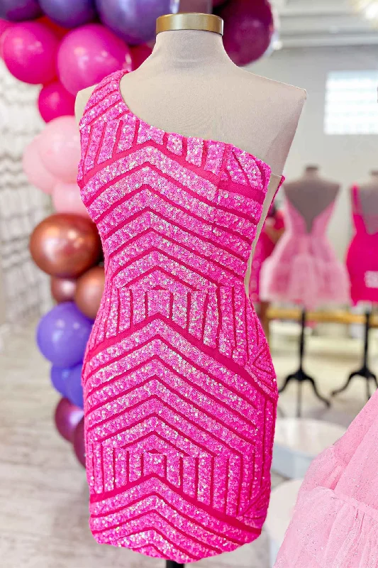 Take Advantage One Shoulder Hot Pink Stripe Sequins Tight Homecoming Dress