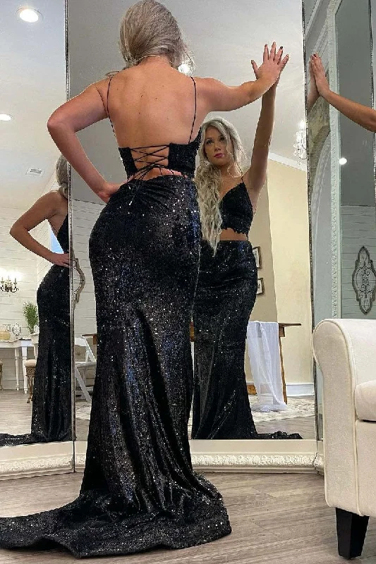 Seasonal Clearance Glitter Two Piece Black Long Prom Dress with Lace Top