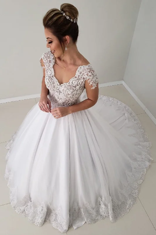 Big Discounts Princess A-line Cap Sleeves White Wedding Dress with Lace