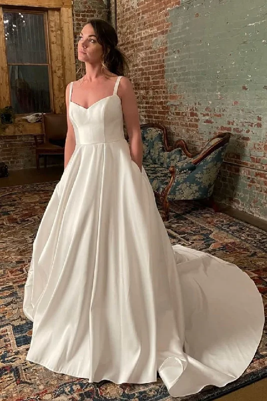 Clearance Event Simple Wide Straps Ivory Wedding Gown with Pockets