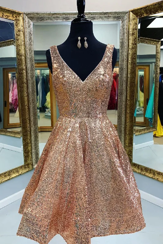 Daily Specials V-Neck Tiered Gold Short Sequins Homecoming Dress