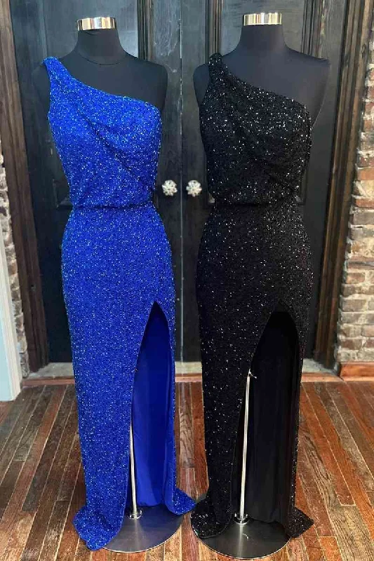 Friends and Family Sale Elegant One-Shoulder Beaded Long Formal Dress with Slit