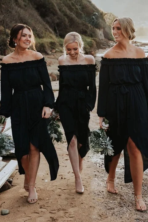 Early Bird Discount High-Low Off Shoulder Long Sleeves Black Bridesmaid Dress with Ribbon