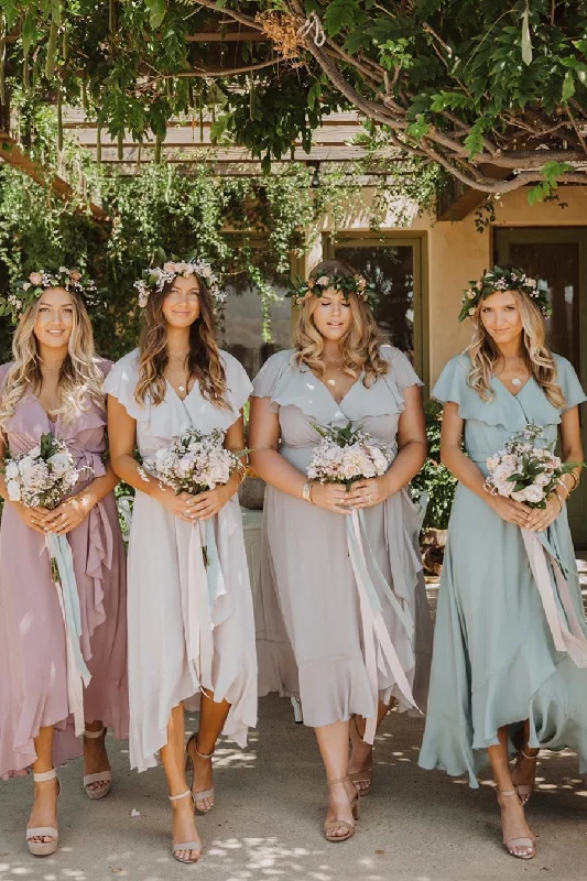 Friends and Family Sale Elegant Tea-Length Ruffles Asymmetrical Chiffon Bridesmaid Dresses