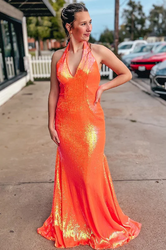 Now or Never Orange Mermaid Halter Sequins Backless Long Prom Dress