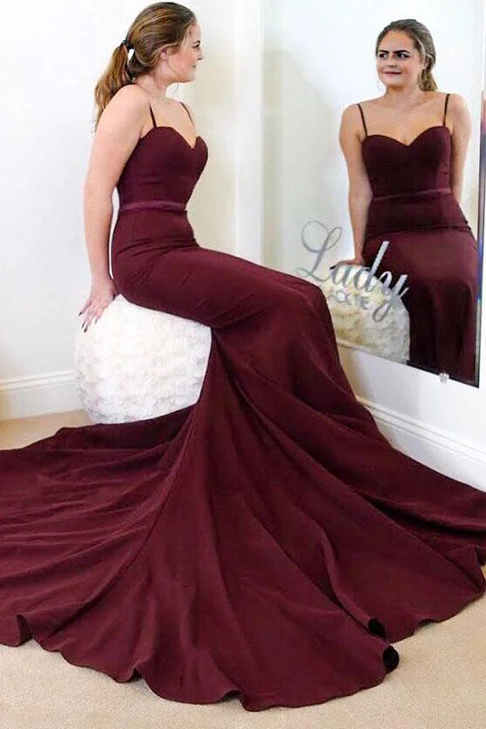 Savings Event Mermaid Spaghetti Straps Burgundy Long Bridesmaid Dress