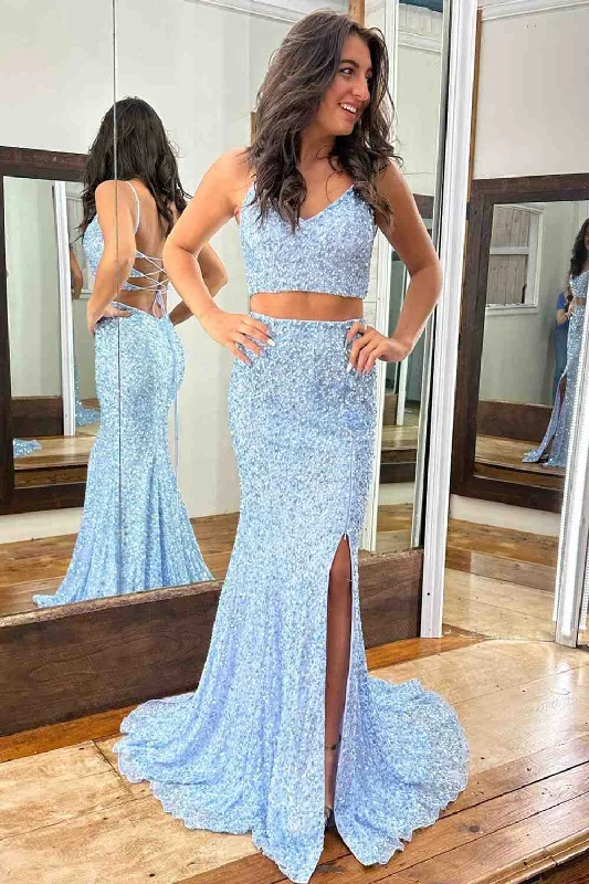 Midnight Madness Light Blue V Neck Lace-Up Back Mermaid Sequins Slit Long Prom Dress