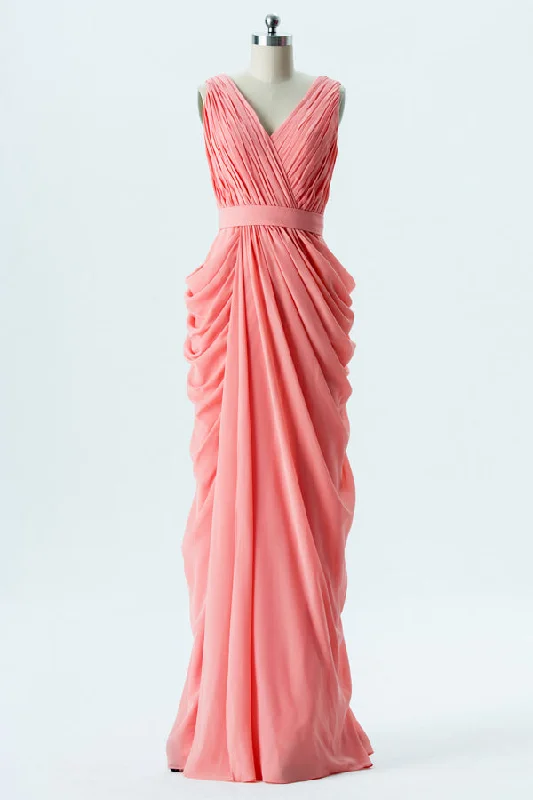 Discount Days Long Chiffon Coral Ruched Bridesmaid Dress