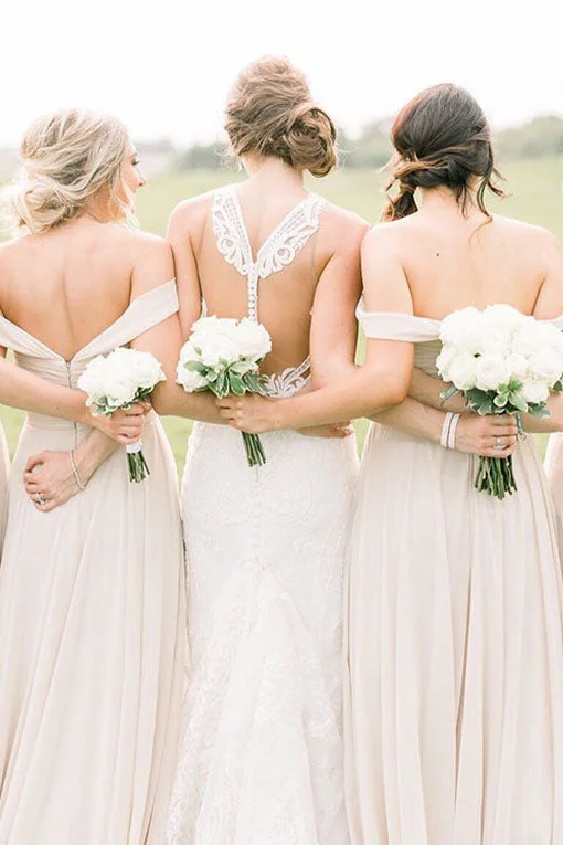 Fantastic Deals Boho Off the Shoulder Ivory Pleated Chiffon Bridesmaid Dress