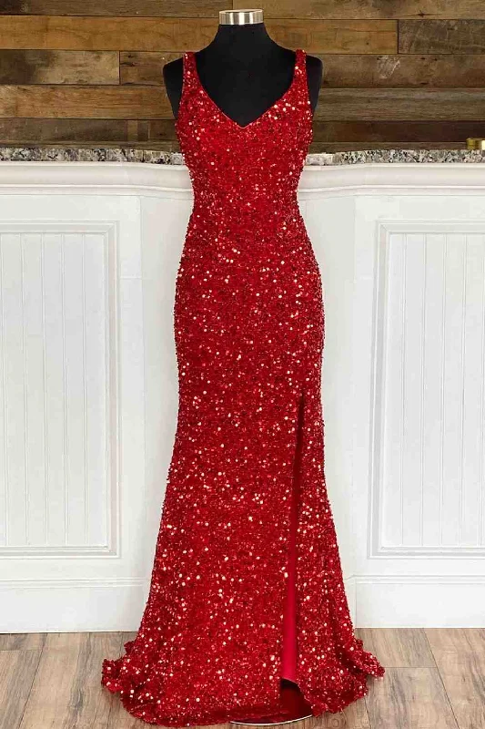 Factory Direct Sale Side Slit V-Neck Red Mermdaid Long Prom Gown