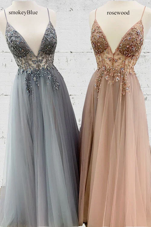 Loyalty Reward A-Line Beaded Long Rosewood Prom Dress with Split