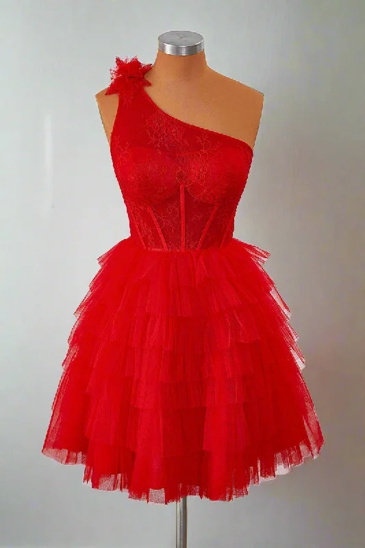 Savings Bonanza One Shoulder Red Lace Corset Ruffle Short Homecoming Dress