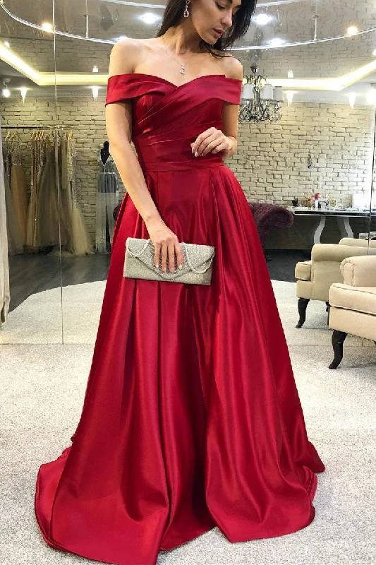 Mega Deal Elegant Off the Shoulder Red Long Prom Dress with Pleats
