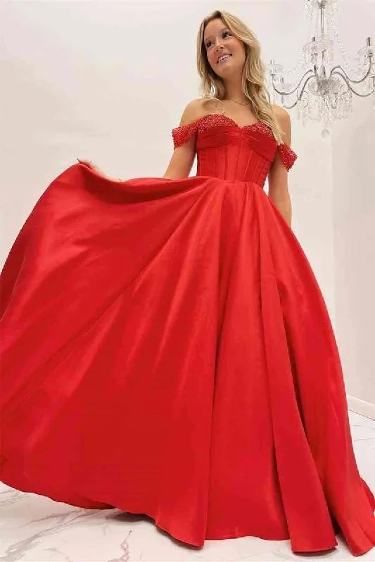 Price Reduction Red Beaded Corset A-Line Off-the-Shoulder Prom Gown