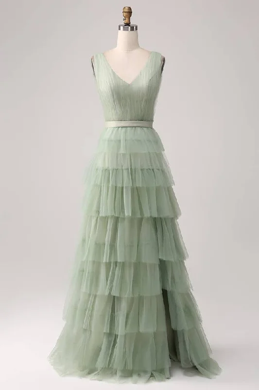 Markdowns V-Neck Sage Green Tiered A-Line Maxi Dress