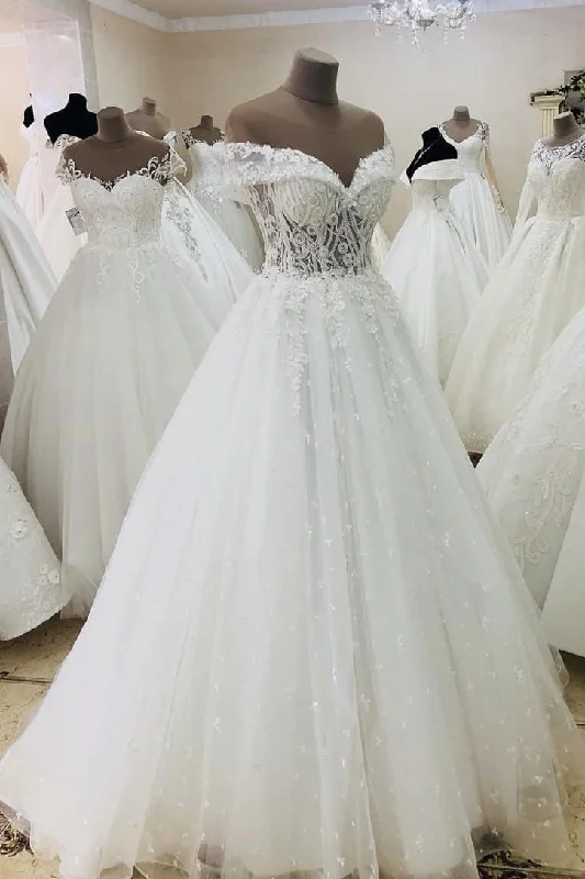 Blowout Sale Princess Long Off Shoulder A-line White Wedding Dress with Lace