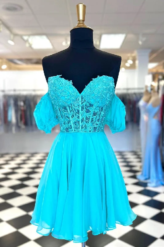 Online Only Turquoise Lace Corset A-Line Homecoming Dress with Puff Sleeves