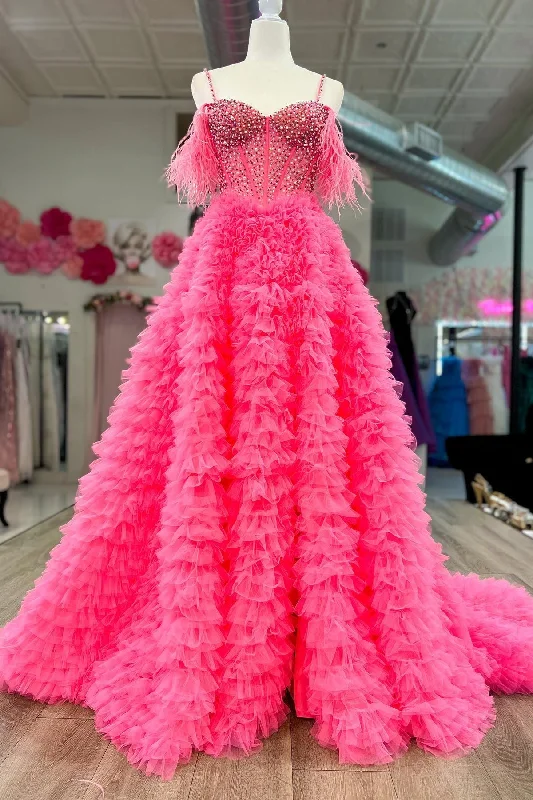 Sneak Peek Sale Hot Pink Cold Shoulder Beaded Feathers Tiered Long Prom Dress