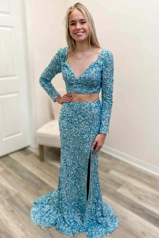 Act Fast Two Piece Tiffany Blue Prom Dress with Long Sleeves