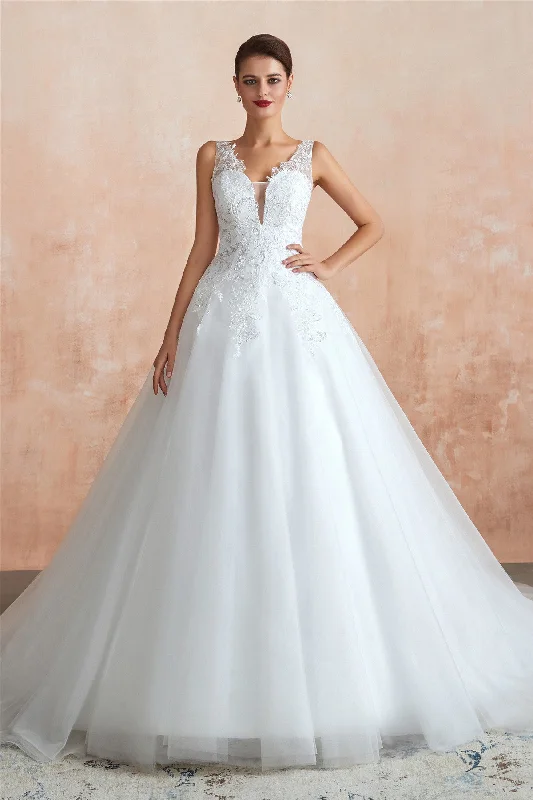 Price Drop Princess Long A-line Sheer Back White Wedding Dress with Sequins