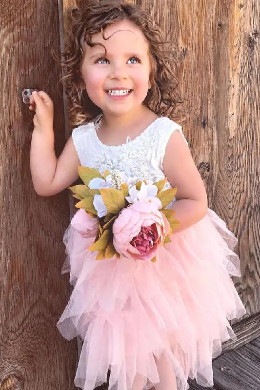 Early Access Cute Pink Tiered Flower Girl Dress with Lace Top