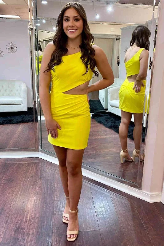 Savings Spectacular One Shoulder Yellow Side Cutout Mini Dress