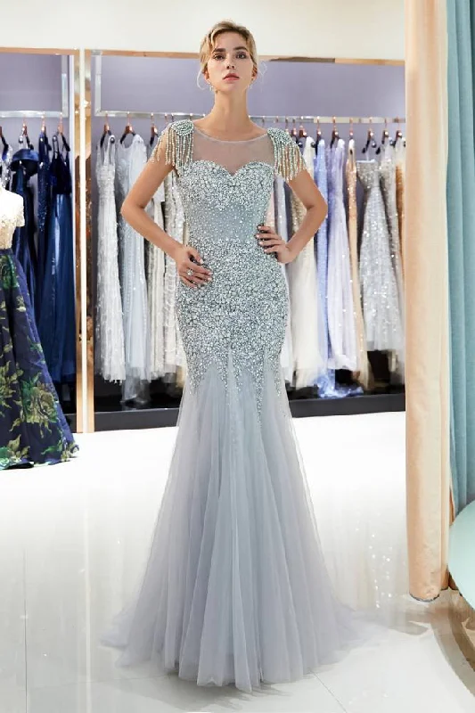 Year-End Sale Cap Sleeves Mermaid Silver Evening Dress with Crystals / Tassel